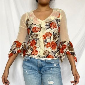Cream Floral Lace Mesh Fairy Long Sleeve Blouse